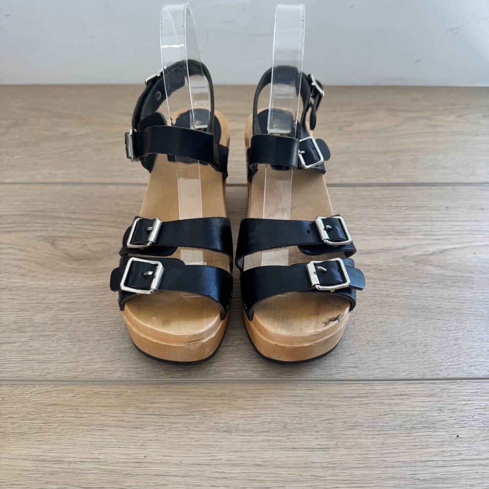 Swedish Hasbeens Black Leather Buckle Platform Sandals